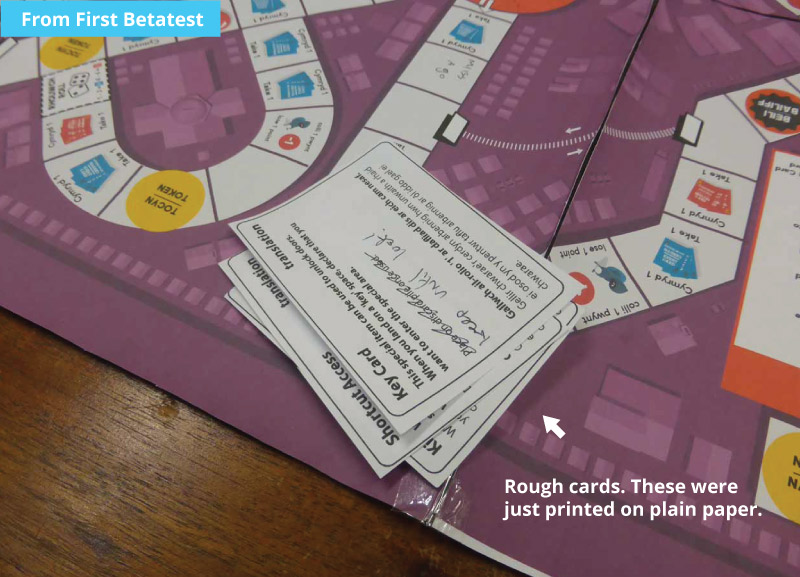 Working with Beta testers board close up - making a board game